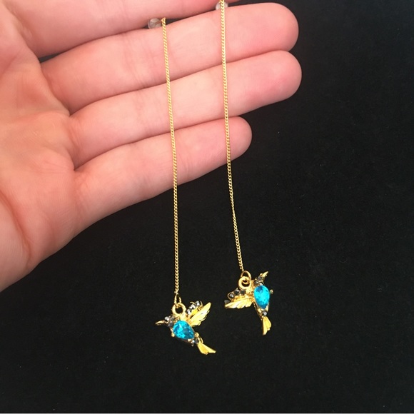 Hummingbird Blue Stone Gold Tone Long Dangle Earrings - Picture 4 of 7